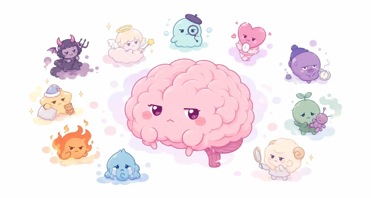 かわいい脳のキャラクターと小さな脳内住民たち